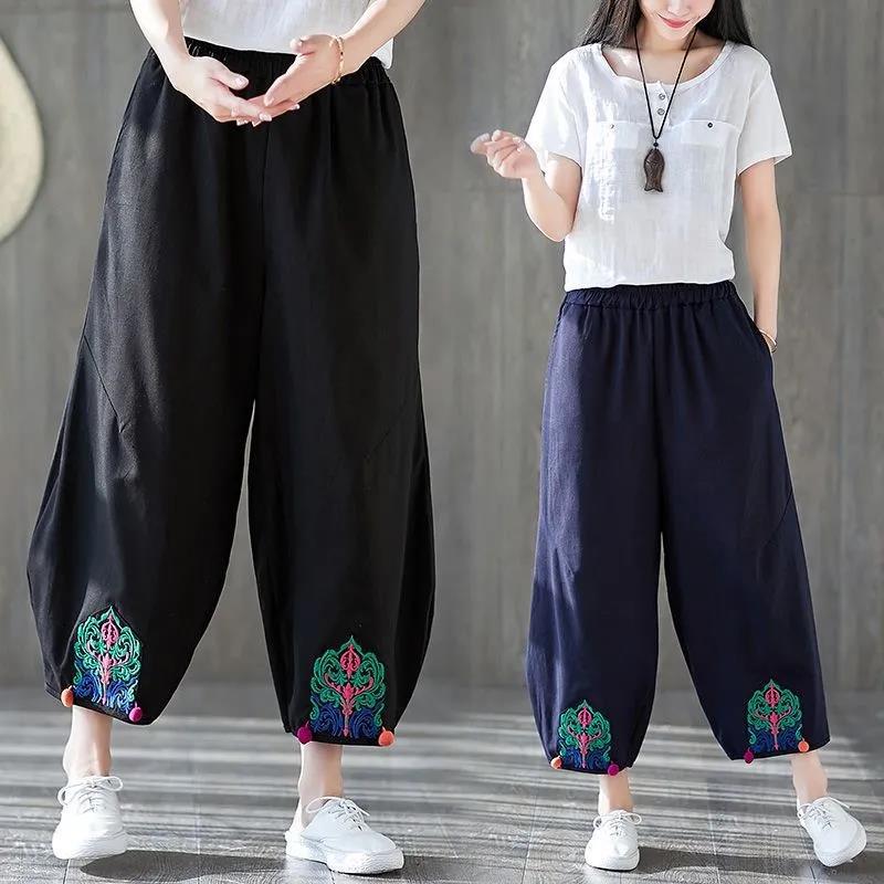 WTEMPO L-XXXXL Cotton Linen Pants Women Ethnic style Loose Elastic Waist Solid Color Casual Trousers
