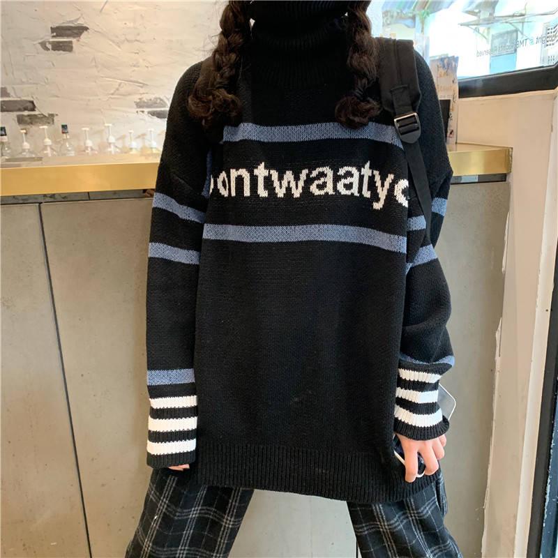 Pofulove Winter Turtleneck Color-matching Striped Sweater Schoolgirl Loose Letter Thick Sweater Coat