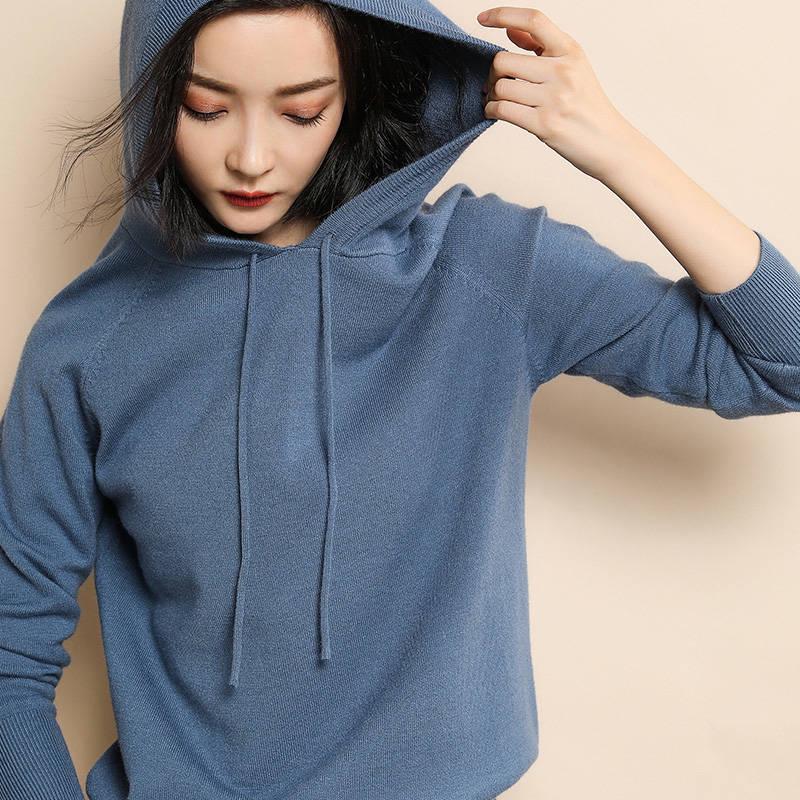 Autumn and Winter New Knit Sweater Women's Head Loose Bottom Solid Color Long-sleeved Hoodie