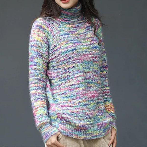 Women's Colorful Large Size High Collar Sweaters Autumn and Winter Loose Long Sleeve Bottomed Knitted Pullover
