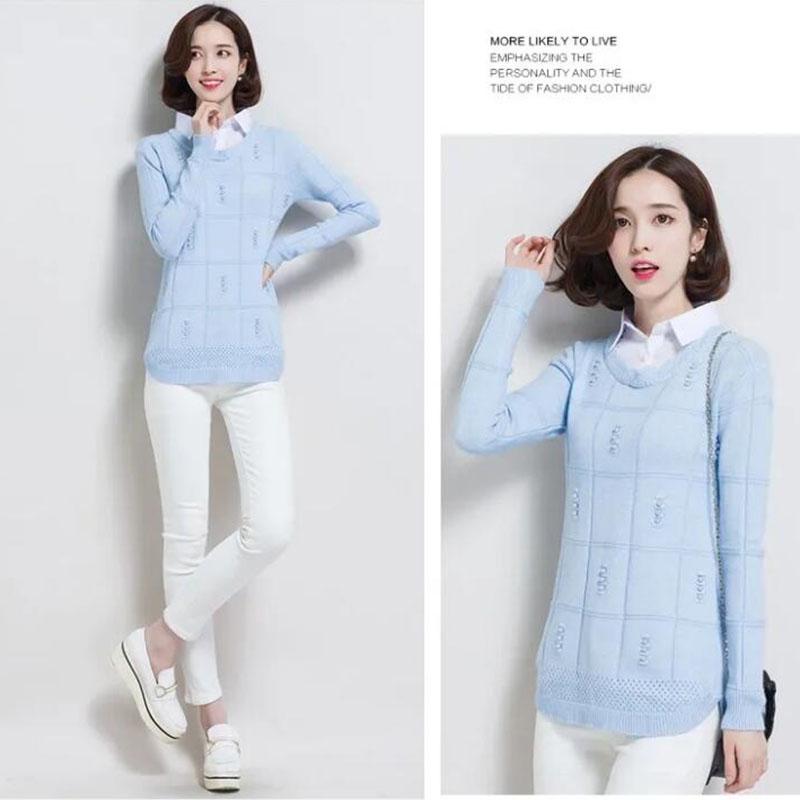 Autumn/winter Lapel Pullover Sweater Women's Plus Size Korean Style Slim Short Fake Two-piece Sweater Sweet Patchwork Knit Sweater Outwear
