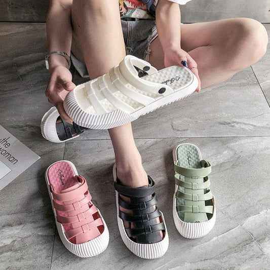 Women's Baotou Sandals Roman Non-slip Soft Sole Beach Sandals and Slippers Summer Two Ways To Wear Hole Shoes Slip-on Slippers Ladies Sandals