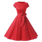 Women Vintage Retro Dot Printed Rockabilly Prom Dresses Cap-Sleeve With Belt
