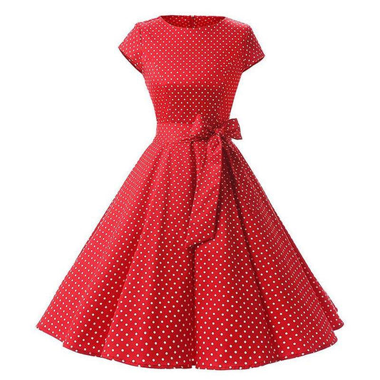 Women Vintage Retro Dot Printed Rockabilly Prom Dresses Cap-Sleeve With Belt