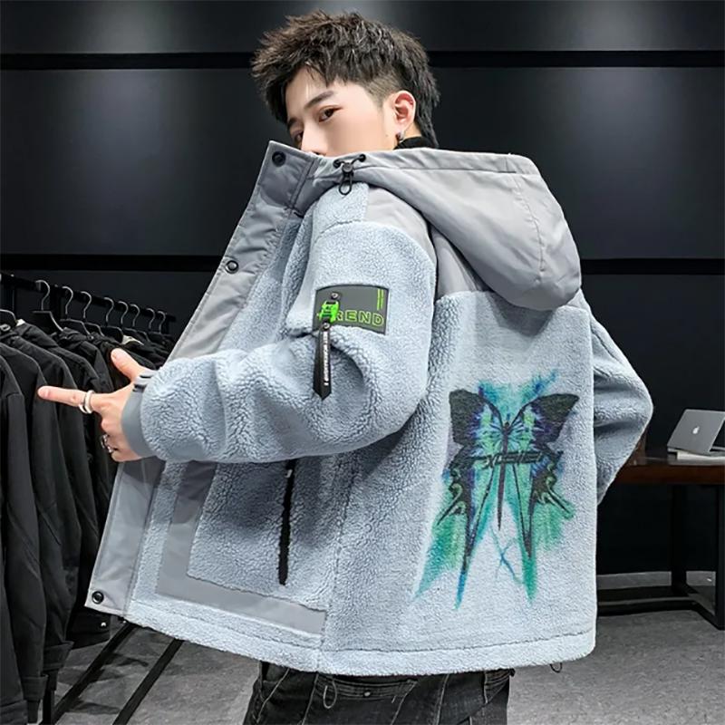 Mens Lamb Plush Jacket Winter Plus Size Padded Coat Youth Jackets Trend All-match Loose Jacket