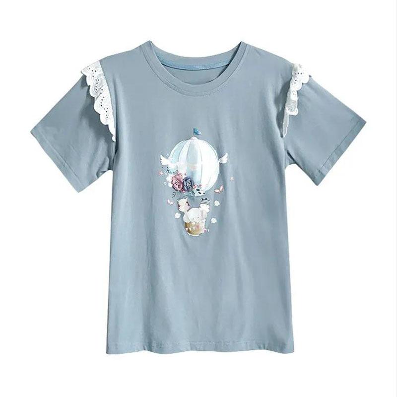 Short Sleeve T-shirt Women Summer Printing Large Size Loose All-match Lace Top