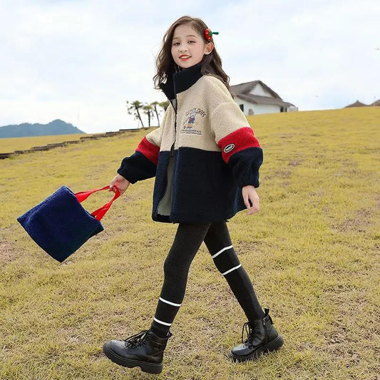 Girls' Warm and Windproof Winter Clothes Plus Cotton Padded Jacket Lamb Wool Korean Children's Top