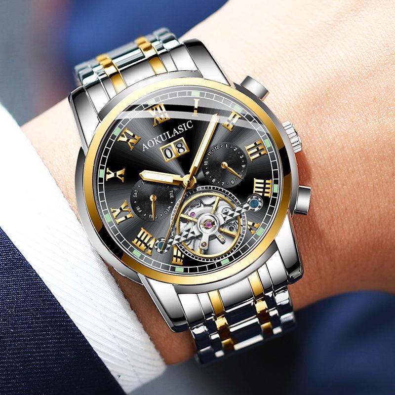 Automatic Mechanical Men Watch Tungsten Steel Luminous Watches Date Calendar Movement Watch Strap
