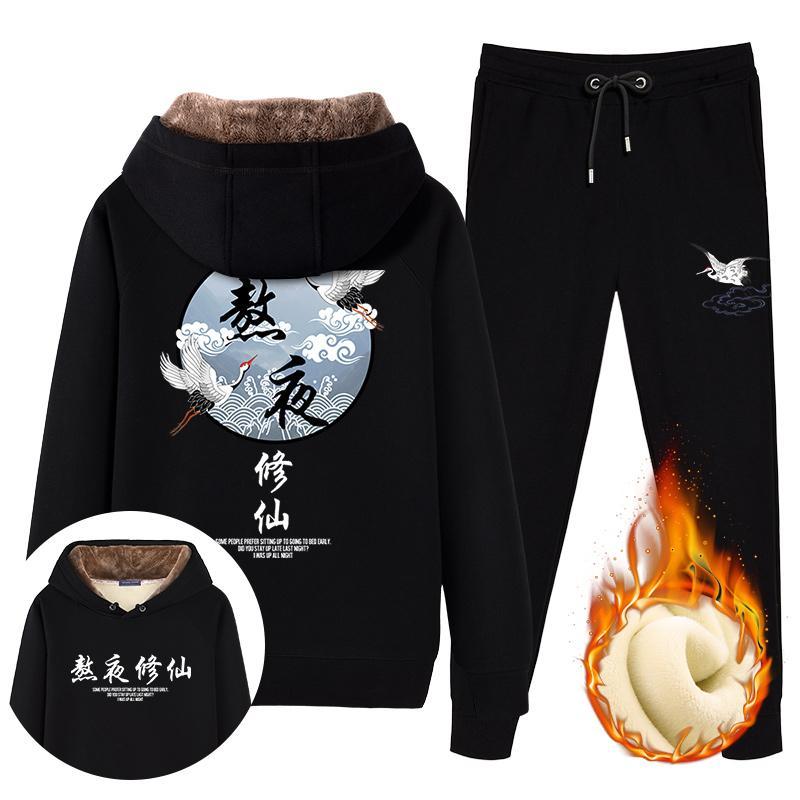 2pcs/set Autumn Winter Men's Sets Sportswear Thicken Fleece Lining Tracksuits 2 Piece Sets Men's Clothes Hoodies+Pants Sets Males Weatsuit Outfits