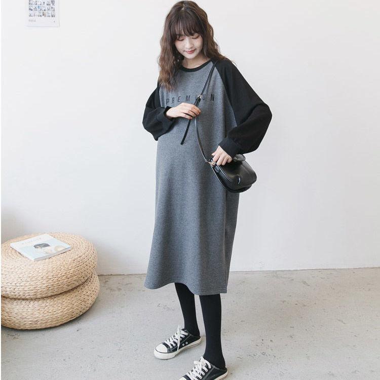 Spring and Autumn Maternity Sweatshirt Mid-length Loose Large Size Dress Long Sleeve Splicing Color Top