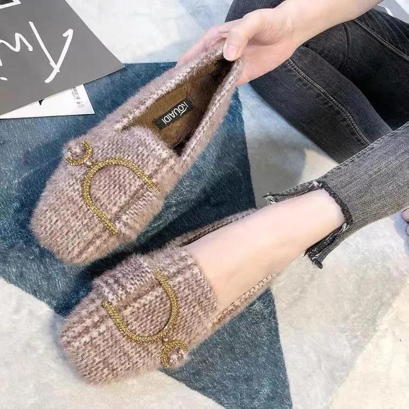 Plus Velvet Moccasin Shoes Women's Autumn and Winter Wear Flat Single Shoes All-match Temperament Women's Shoes Plus Velvet Beanie Shoes