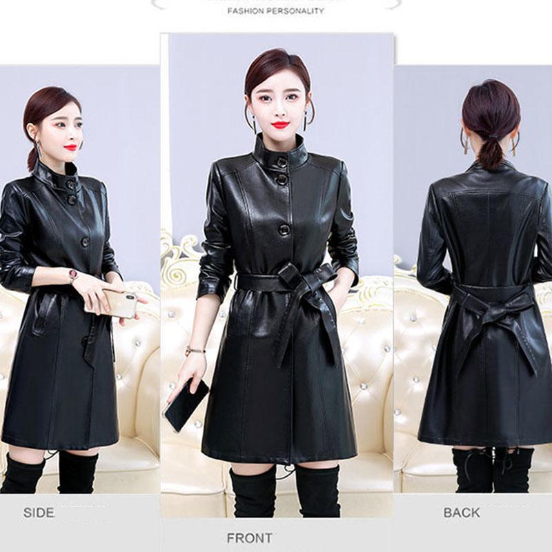Women's Sheepskin Leather Jacket Long Slim Fit Stand Collar Large Leather Trench Coat Sheepskin Coats with Belt