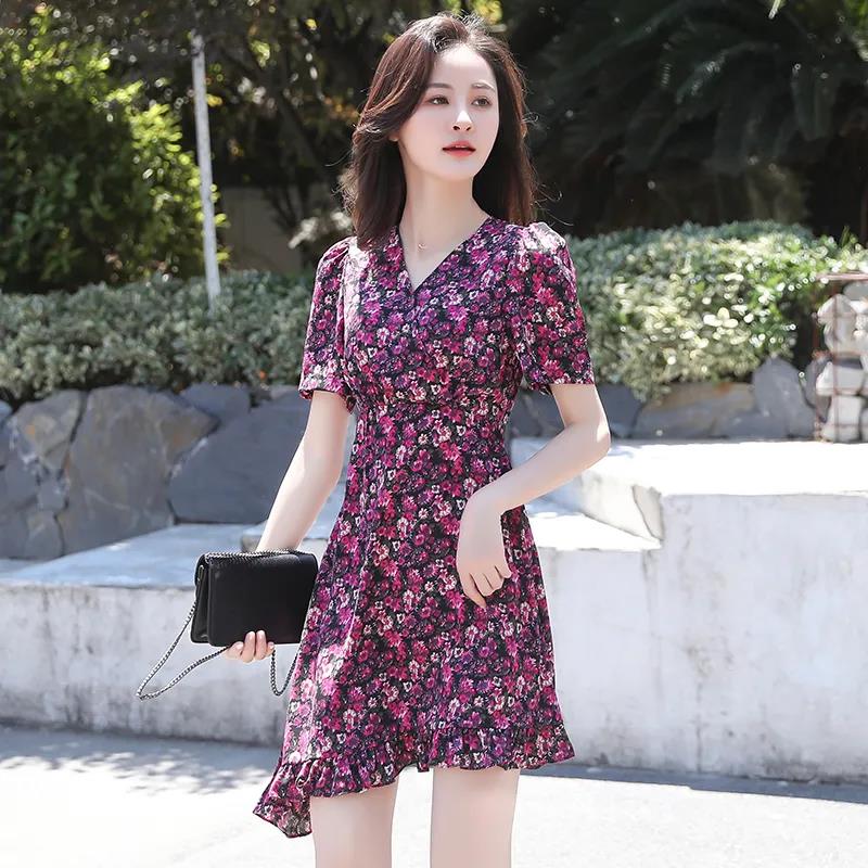 Women's Summer Floral Dress V-neck Slim Ruffled Mid-length Skirt