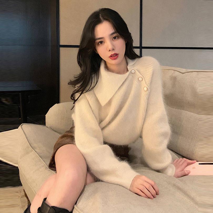 Pofulove Autumn Winter Lapel Loose Long-sleeved Sweater Shirt Mink Wool Sweater Women Pullover