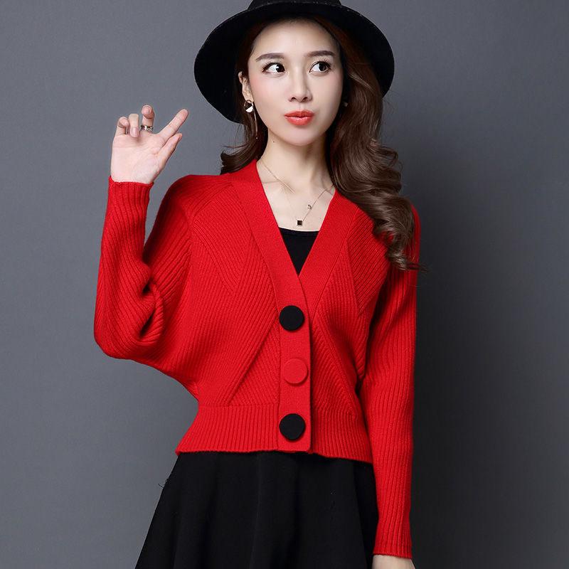 Autumn and Winter V-neck Loose Sweater Bat Shirt Short Knit Top Fashion Casual Women's Jacket