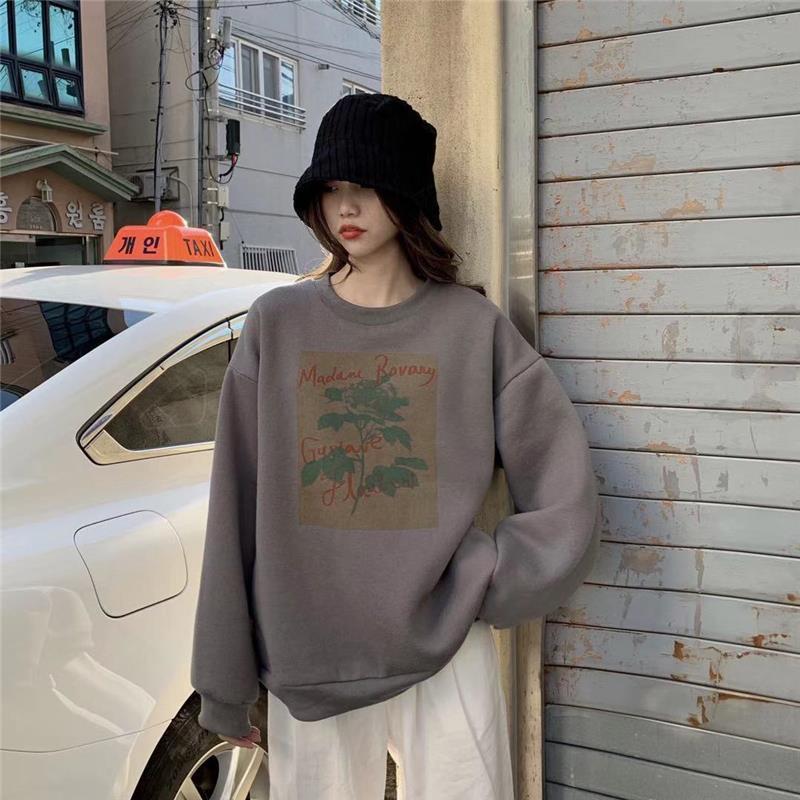 Spring Fall Polyester Flowers Printing Women Sweatshirt Loose O Neck Ladies Chic Female Pullovers