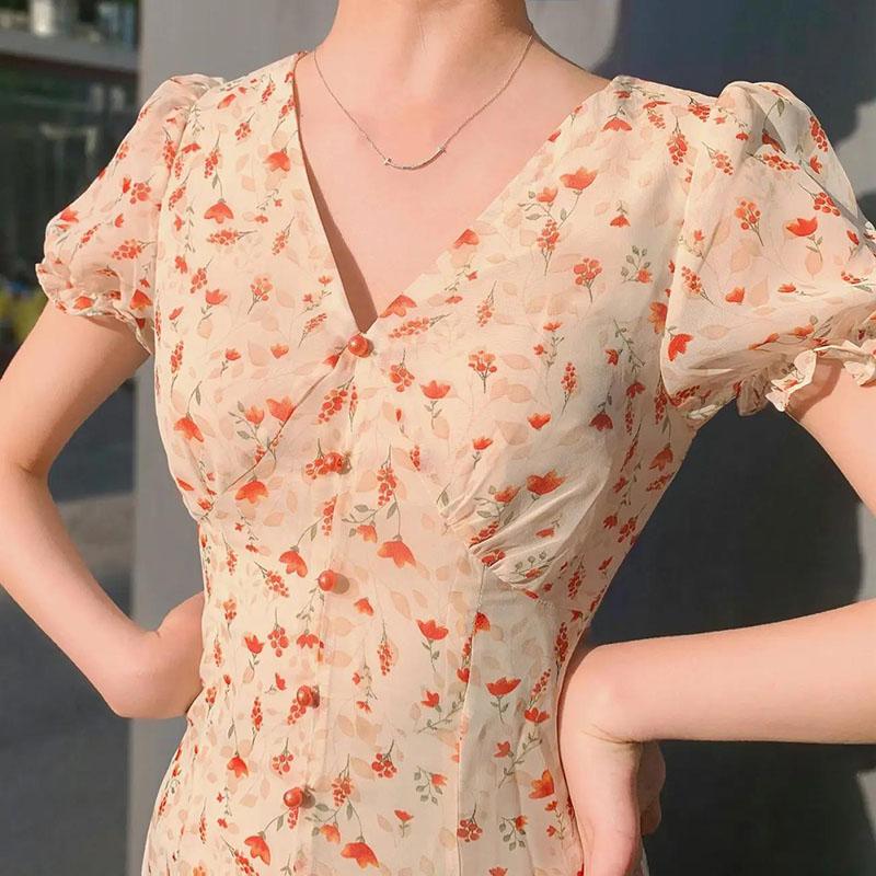 Women's Summer Floral Dress V-neck Slim Over Knee Midi Dress