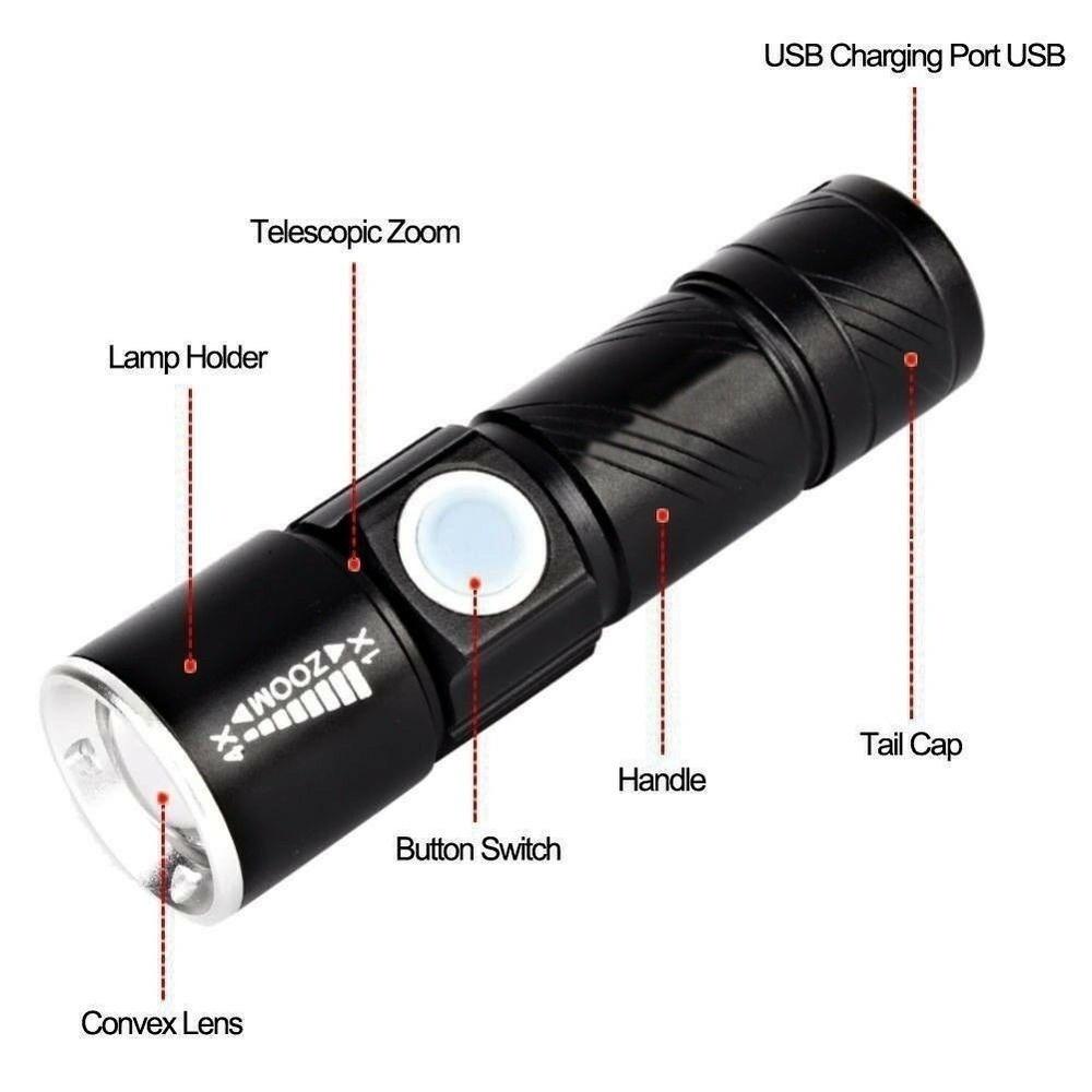 Mini Q5 Zoomable USB Rechargeable Ultra Bright LED Flashlight Torch 3 Modes Wth Beam Focusing Zoom