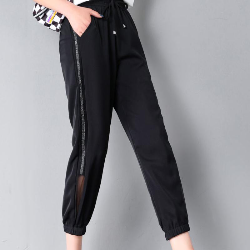 Women's Black Nine-point Sweatpants Summer Korean Version of Mesh High Waist Loose and Thin Cropped Harem Pants