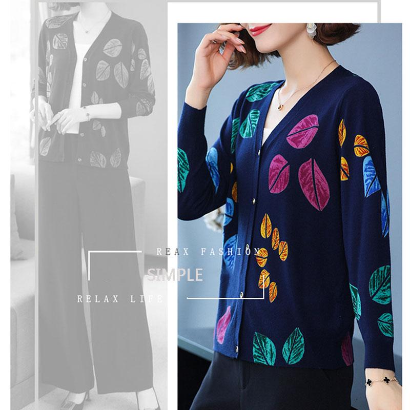 3D Leaf Printed Cardigan Women High-end Plus Size Cardigan  Short Knitted Jacket Wool Cardigan  Outer Wear