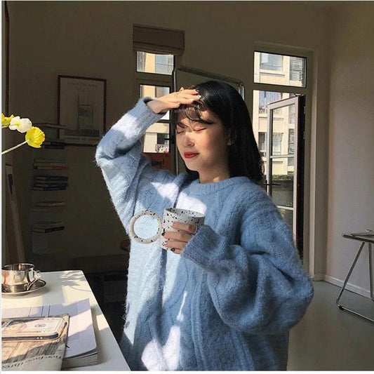 Japanese Retro Gentle and Thick Autumn and Winter Knit Sweater Round Neck Lazy Loose Padded Outer Sweater Women's Warm Women's Blouse