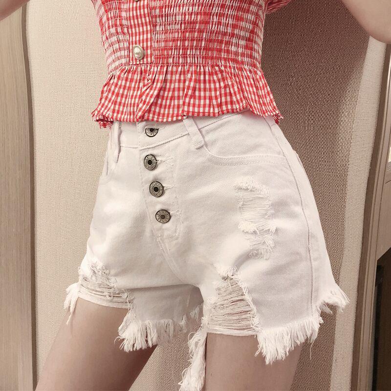 WTEMPO Net Red High Waisted Breasted Denim Shorts Female Summer Retro Slim Thin Hole Sexy Pants Tide