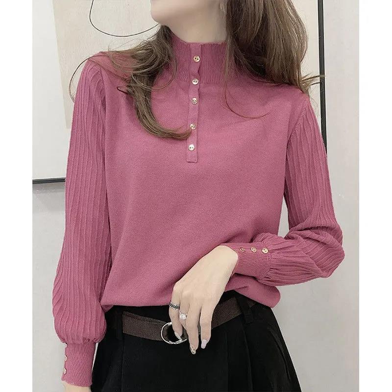 Half Turtleneck Long Sleeve Knitted Sweater Loose Large Size Sweater Fashion Button Solid Color Bottoming Shirt for Women