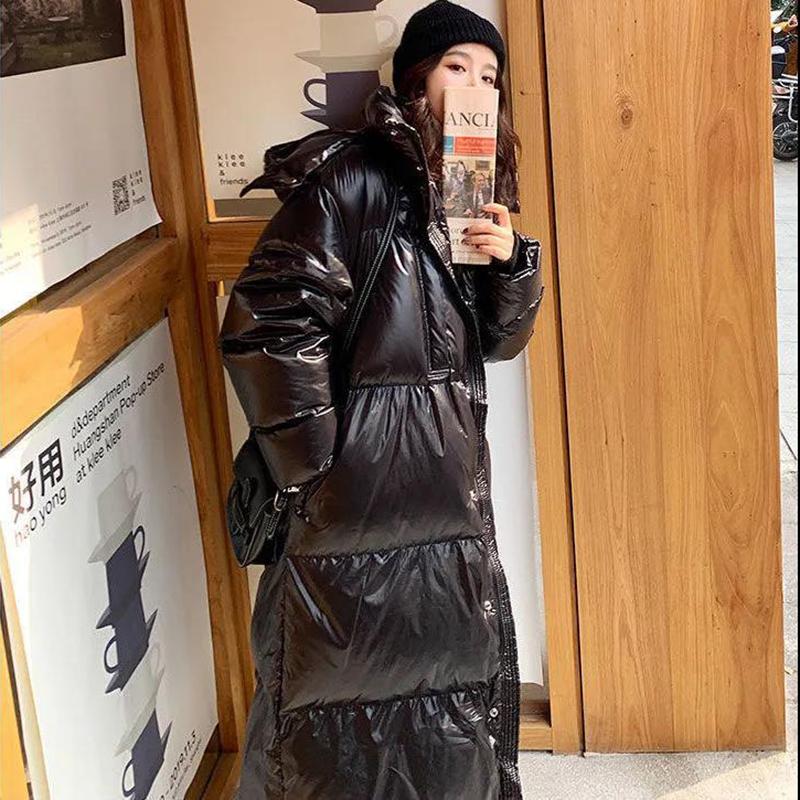 Black Shiny Down Jacket Women's Mid-length Autumn and Winter Down Jacket Winter Over The Knee Thick Warm Cotton Jacket