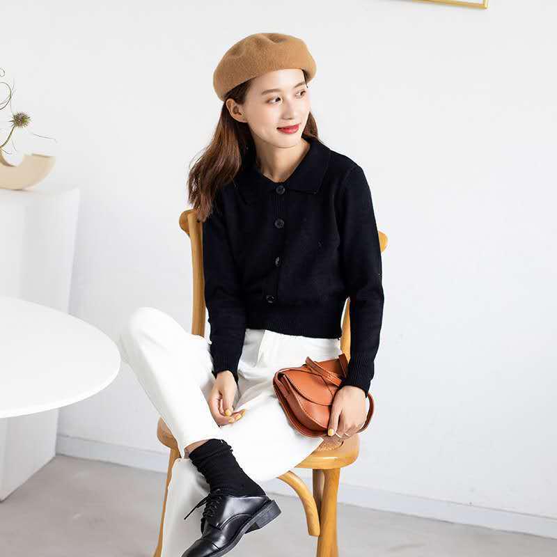 Knit Sweater Jacket Women's Literature and Art Retro Single-breasted Lapel Sweater Sweet and Light Ripe Wind Gentle Apricot Top Sweater