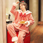 Women's Winter Pajamas Set Cute Bow Large Neckline Thickened Coral Plus Velvet Suit Plush Home Wear Flannel Suit Lovely Cartoon Set