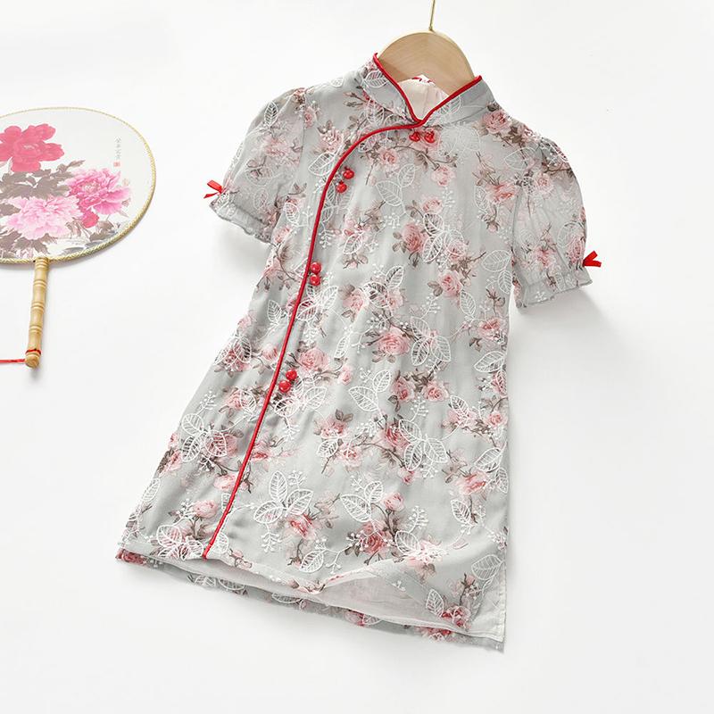 Children's Girls Skirt Summer Dress Little Girl Dress Chinese Style Classical Chiffon Floral Embroidery Cheongsam Skirt