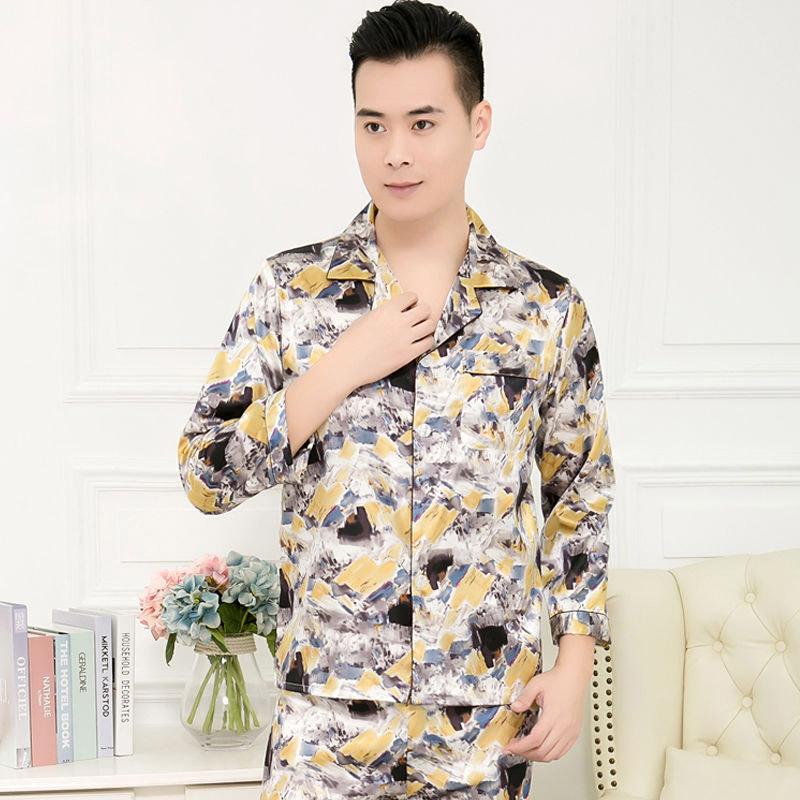 Pajamas Men's Spring and Summer Ice Silk Thin Long-sleeved Suits Spring and Autumn Silk Men's Simulation Silk Summer Home Clothes