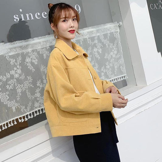 Short Coat Women's Spring and Autumn Loose All-match Striped Velvet Corduroy Thin Top Women's Solid Color Long-sleeved Coat