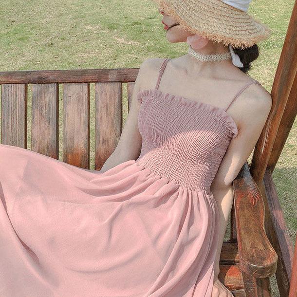 Female Summer Simple Elegant Suspender Holiday Dress Vintage Slim Solid Graceful Vacation Backless Dress