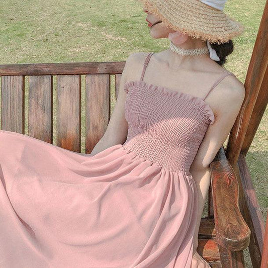 Female Summer Simple Elegant Suspender Holiday Dress Vintage Slim Solid Graceful Vacation Backless Dress