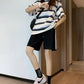 2PCS Summer Fashion Two-piece Sports Suit Female Student Korean Version Loose Short-sleeved Striped T-shirt + Casual Shorts Casual Stroll Suit