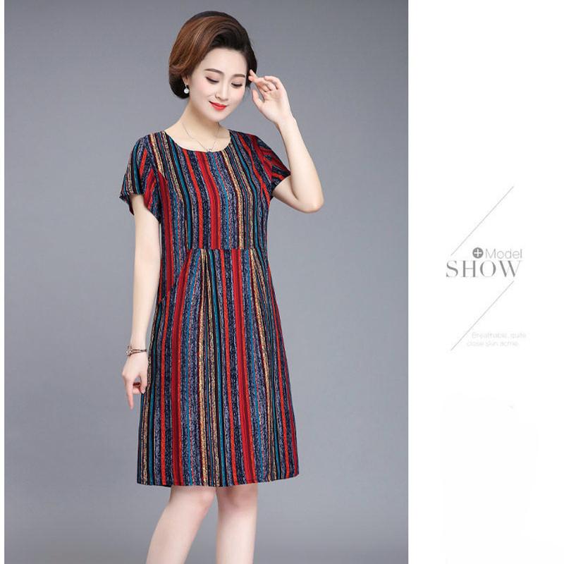 Women Summer XL-XXXXXL Plus Size Mid-length Printed Dress Short Sleeve A-line Knee-length Round Neck Pocket