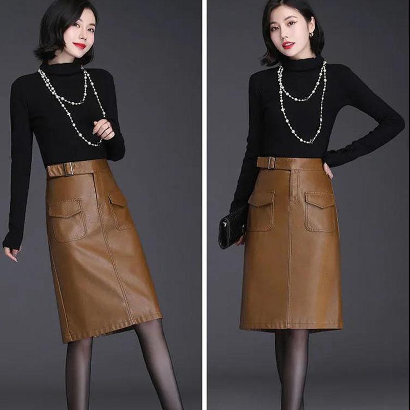 Female Autumn  Winter Leather Skirt High Waist Slim Wrap Skirt PU Leather Knee-length Bodycon Pencil Skirt