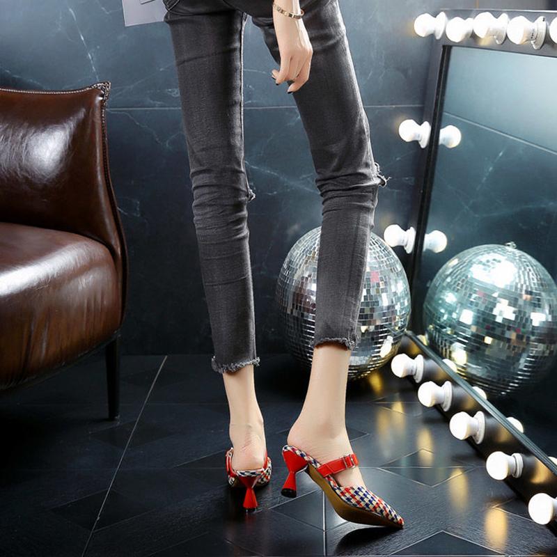 Spring/Summer Houndstooth Pointed Toe Shoes Wine Glass Heel Belt Buckle Slippers Female Korean Mid-heel Single Shoes