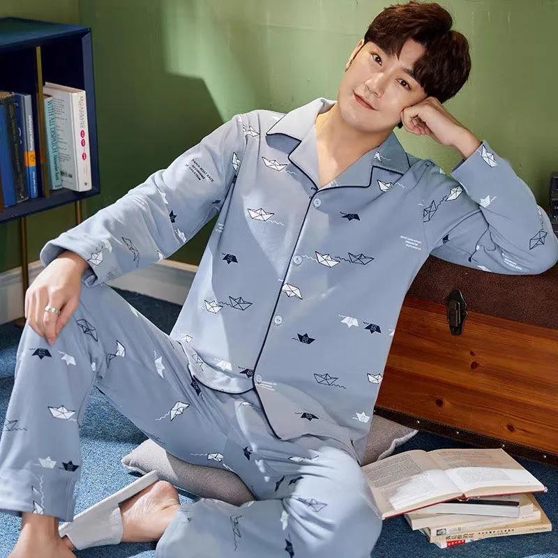 Men's Pajamas Set Turn-down Collar Sleepwear Suit Long Sleeve Pyjamas Casual Loose Home Wear Autumn Winter Clothes Tops and Pants Sets