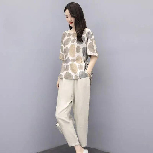 Cotton Loose Short-sleeved Round Neck Blouse Wide-leg Pants Suit Loose and Thin Casual Two-piece Female Temperament Elegant Suit