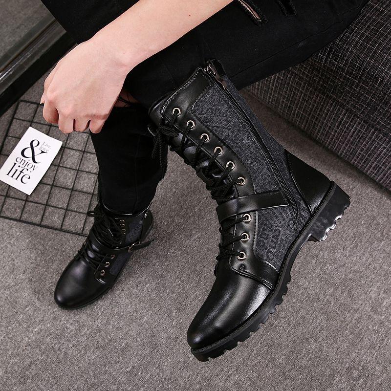 Fall Men's High Top Martin Leather Boots Teen Fashion Inner Height Increase Boots Korean Style Trendy Men's Military Boots