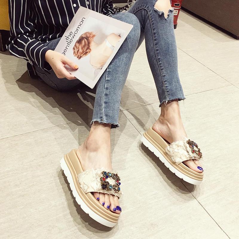 Wedge Platform Sandals Slipper Fashion Outer Wear High Heel Slippers Thick Bottomed Chunky-Heel Women's House Shoes