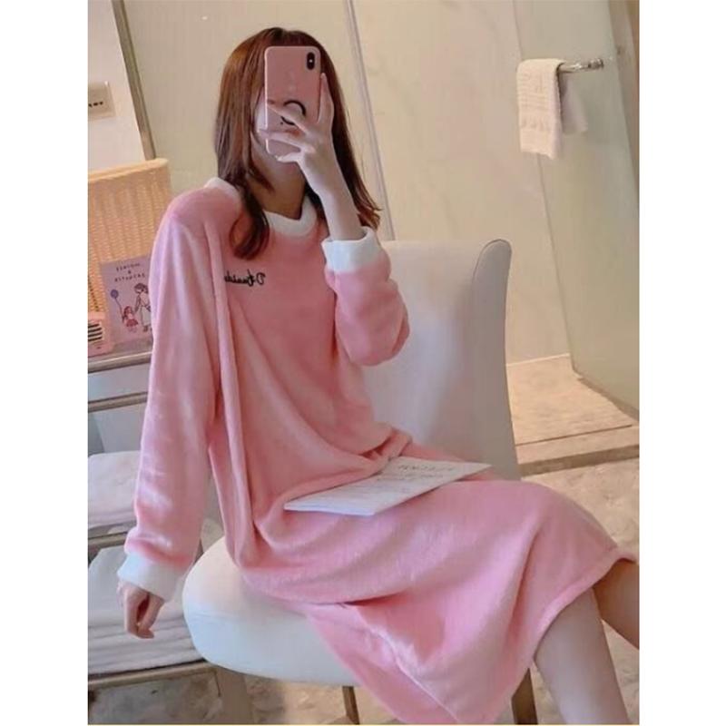 Women's Autumn Winter Flannel Thickened Pajamas Dresses Plus Size Loose Nightdress Simple Warm Homewear Solid Color Embroidered Nightdress
