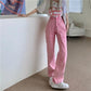 Pink Jeans Female Spring and Autumn High Waist Loose Thin Pink Wide-leg Pants Small Design Sensation Straight Trousers