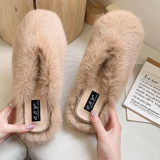 Women's Autumn and Winter Furry Fashion Cotton Slippers with Slippers Indoor and Outdoor Casual Flat Shoes Soft Shoes