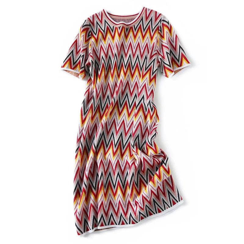 Sweet Colorful Diamond-shaped Dress Women's Round Neck Thin Mid-length Bag Hip Straight Dress Summer Loose Geometric Printing Dress