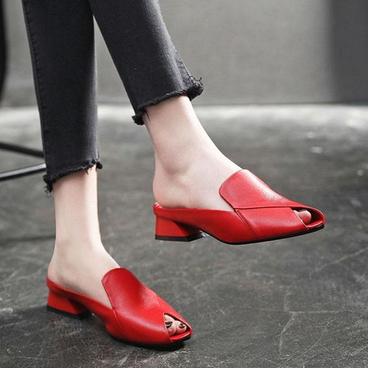 Leather Yellow Sandals Women's Summer Style Open-toe Flat Bottom Fish Mouth Fashion All-match Thick Heel Half Slippers Women