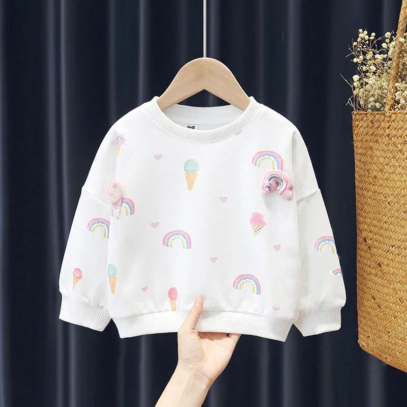 Girls' Sweaters Autumn Children's Outer Wear Pure Cotton Autumn Clothes Female Baby Round Neck Tops Spring Autumn Models