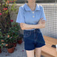 Short Sleeve T-Shirt Women Summer Loose Polo Collar Solid Color Top
